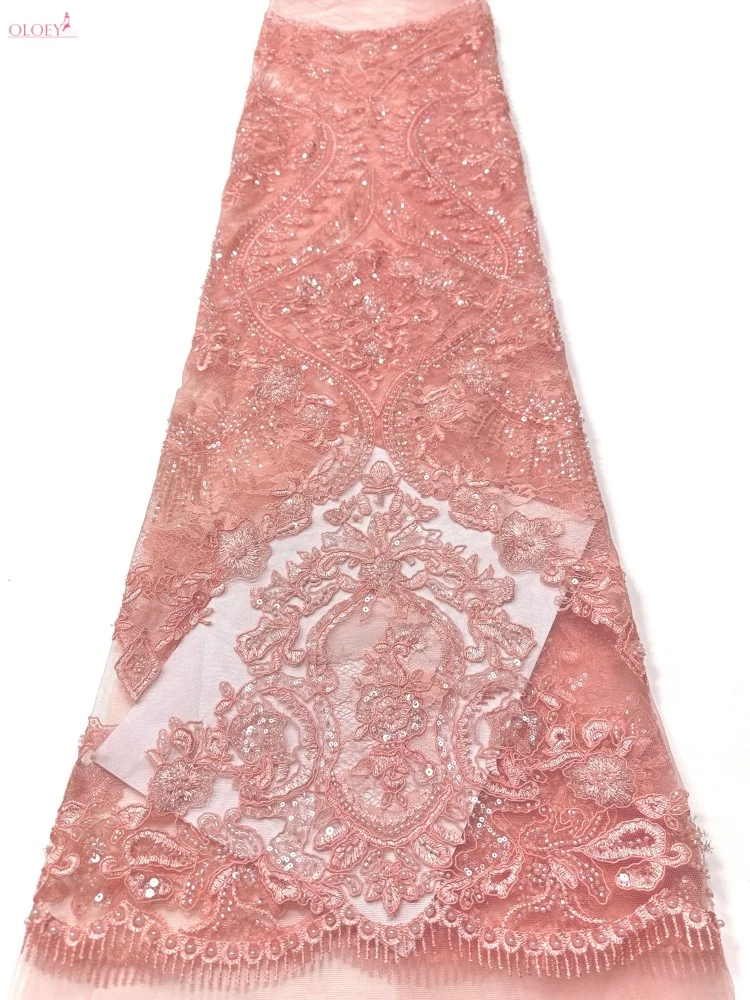 Imagen 5: Tela de encaje nigeriano de lujo OLOEY con lentejuelas africanas para vestidos de novia, diseño bordado para novios