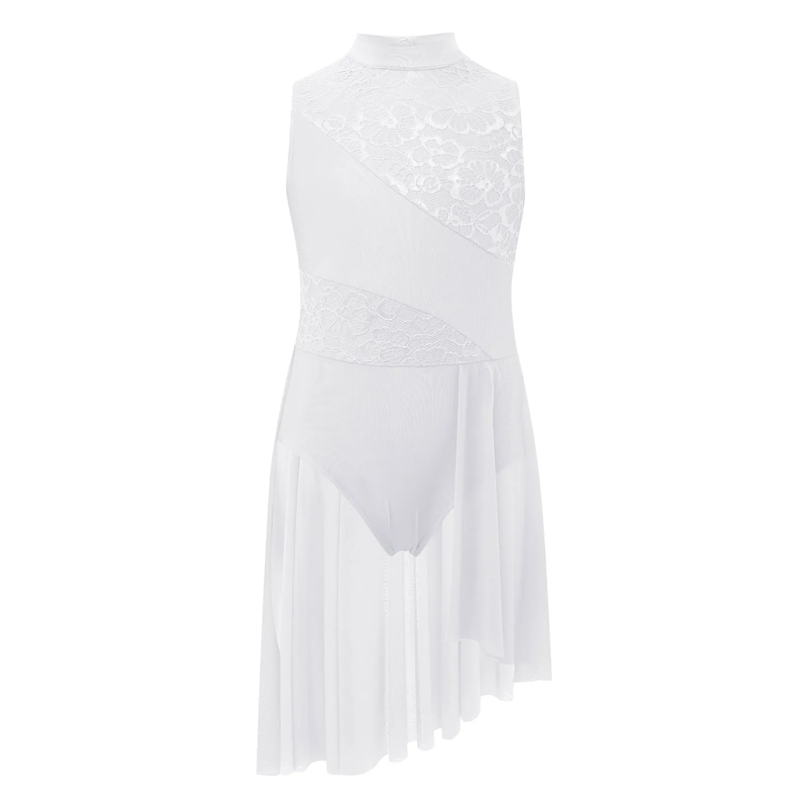 Meisje moderne lyrische balletdansjurk mouwloos bloemenkant pure mesh kunstschaatsen gymnastiek turnpakje hedendaagse danskleding