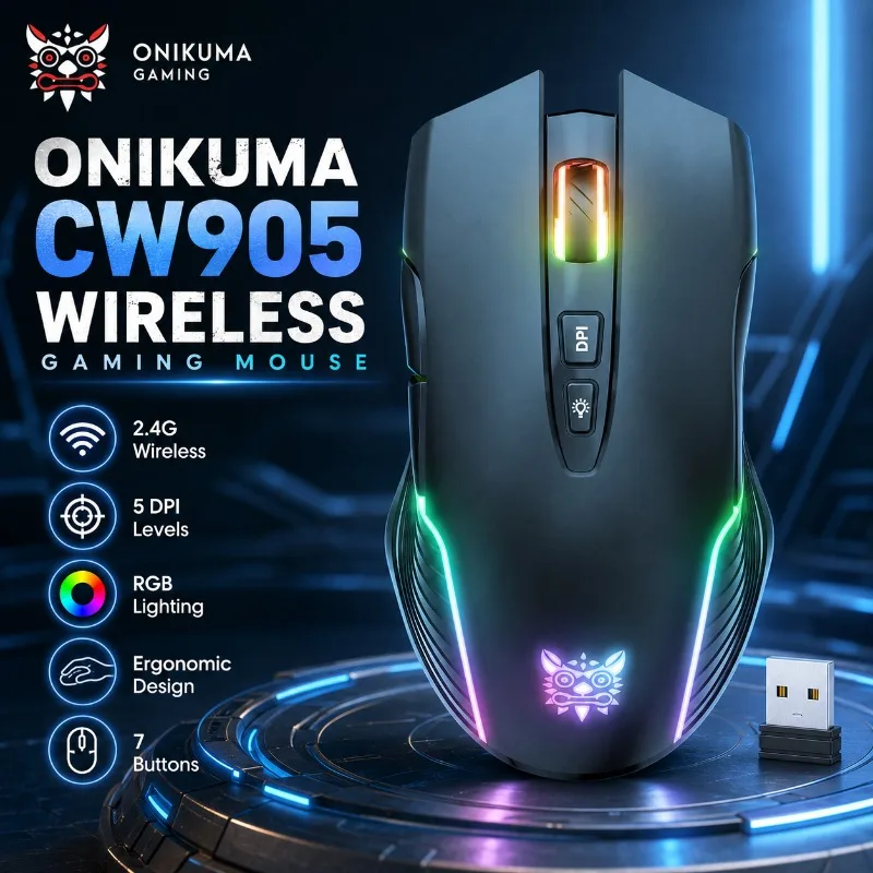 ONIKUMA CW905 Wireless/Wire Gaming Mouse 2.4G Rechargeable 3600 DPI 7 Button RGB Optical Mice USB Receiver for Laptop PC Gamer