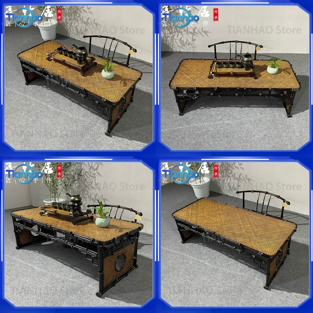 Antique Chinese Lacquer Bamboo Furniture Tatami Kang Table Rectangular Tea Table Back Chair Combination Zen Guqin Table for