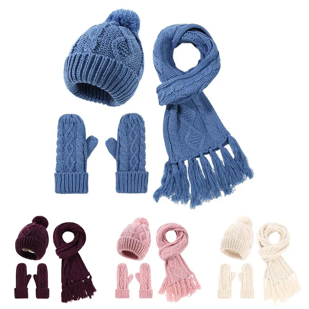 Fashion musim dingin Beanie topi syal sarung tangan Set hangat 3 in 1 Set syal panjang leher hangat rajut Beanie wanita dengan Pom Pom untuk wanita