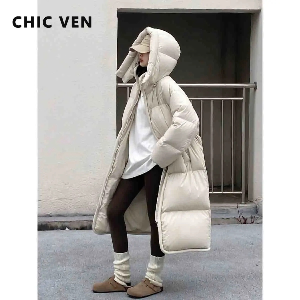 CHIC VEN 여성용 다운 코트, 한국 단색 후드 긴 따뜻한 재킷, 캐주얼 루즈 두꺼운 여성 의류, 가을 겨울, 신상 2024
