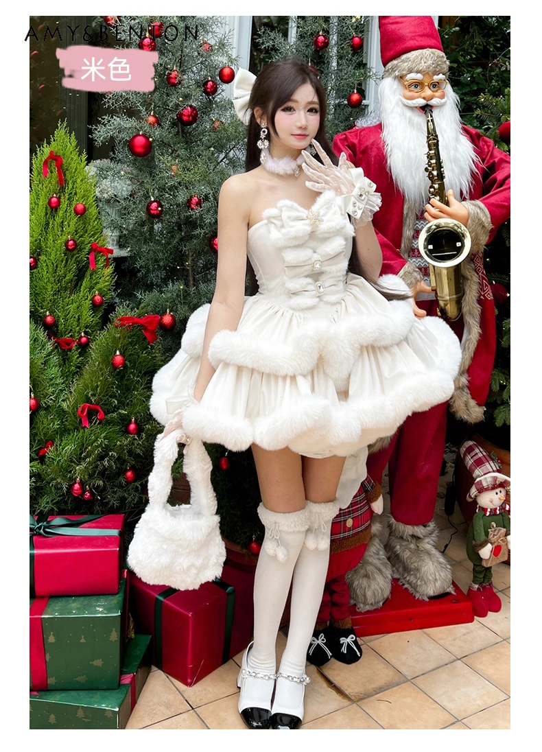 Romantisches Prinzessinnenkleid, Weihnachts-Abendkleider, Herbst-Winter, neues süßes Mädchen, schulterfrei, schmale Passform, mehrschichtiges Plüschkleid