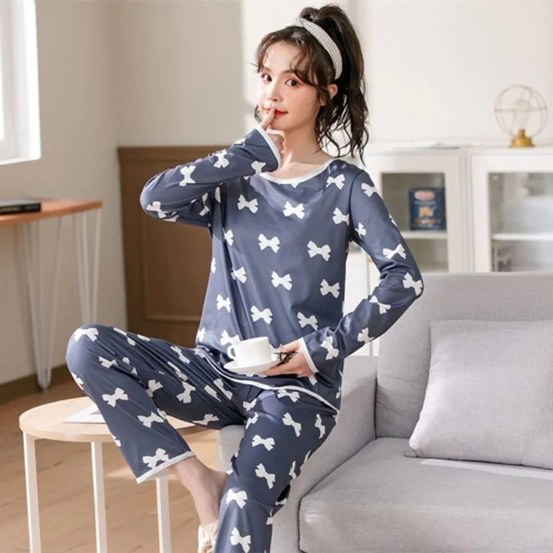 Women\'s Foreign Trade Cross-border Pajamas Homewear Ladies Simple Long Pants Long-sleeved Round Neck Loose Milk Silk Loose Women