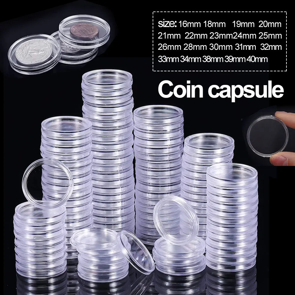 

100Pcs 18/19/20/21/23/24/25/26/28/30mm Clear Plastic Coin Capsules Coin Holders Protector Cases Round Transparent Coin Capsules