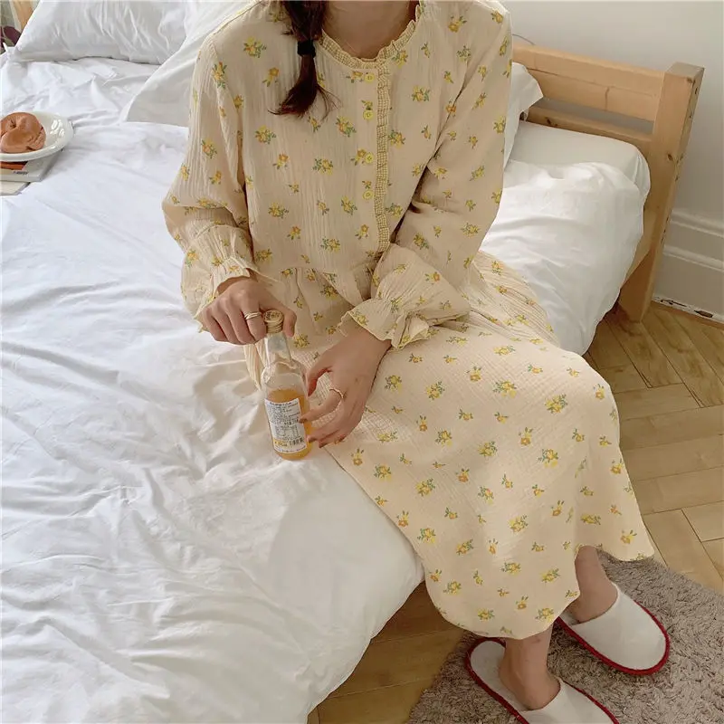 Cotton Womens Nightgown Night Dress Woman Nightie Korean Home Dresses Long Sleeve Sleeping Clothes Sweetheart