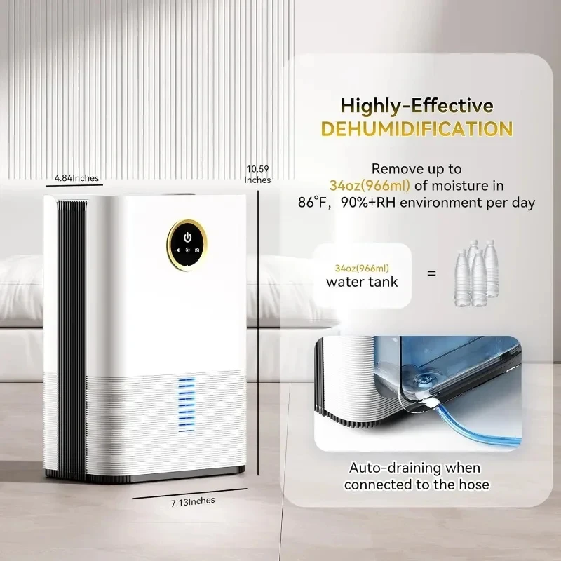 Dehumidifier for Room for Home, 50 OZ Water Tank Dehumidifiers Safe Drainage Auto-off Odor Removal for Basement Bathroom RV