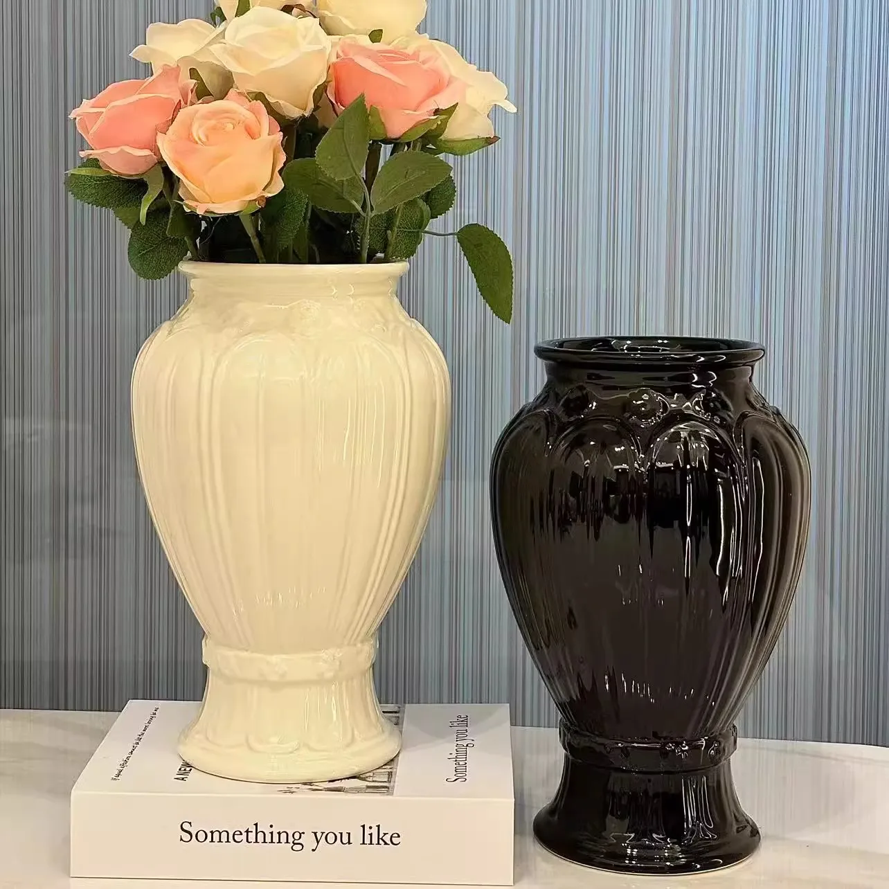 

Vintage French style relief ceramic vase for home living room decoration