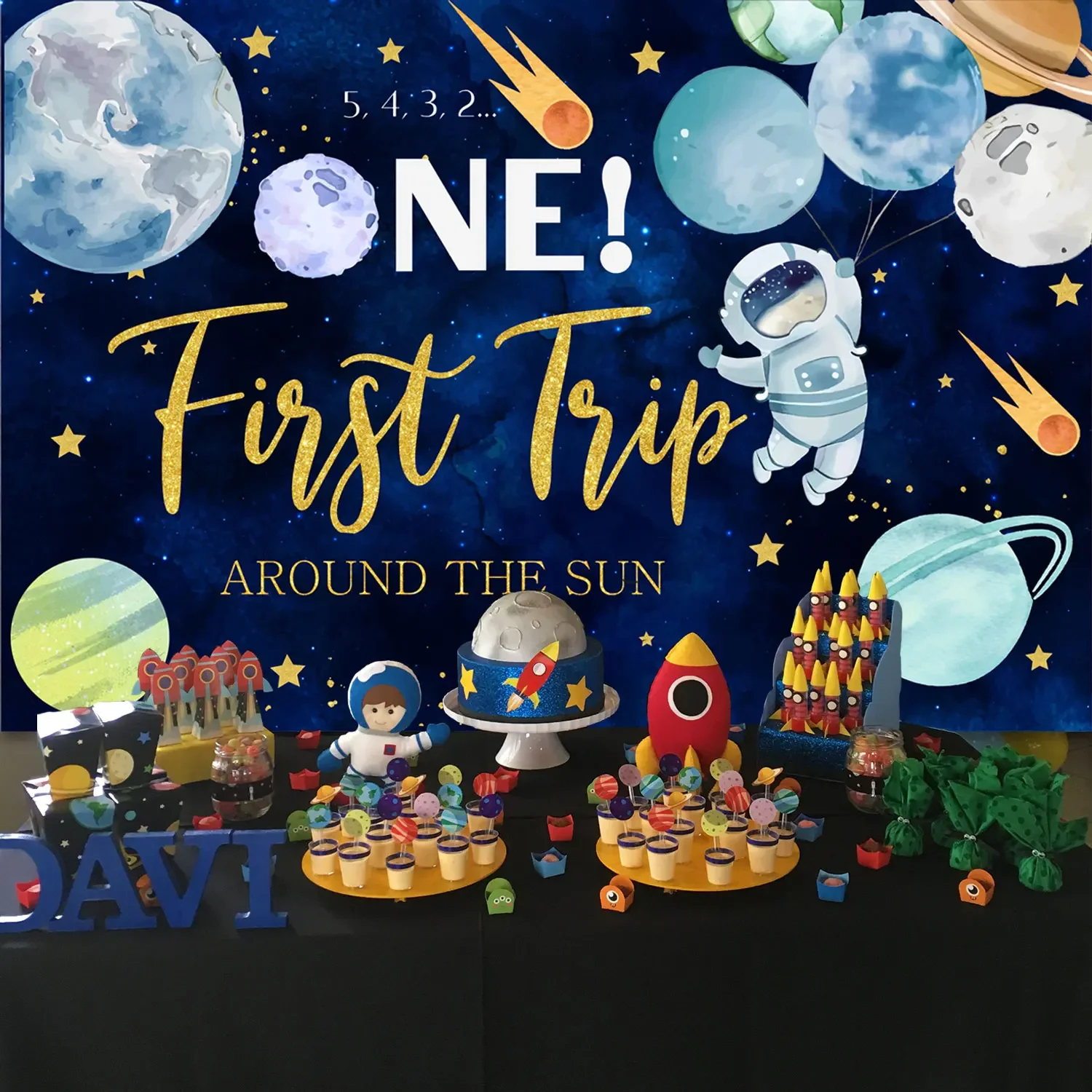 Outer Space 1st Birthday Party Decorations,First Trip Around The Sun Backdrop for Boys Girls Birthday Party