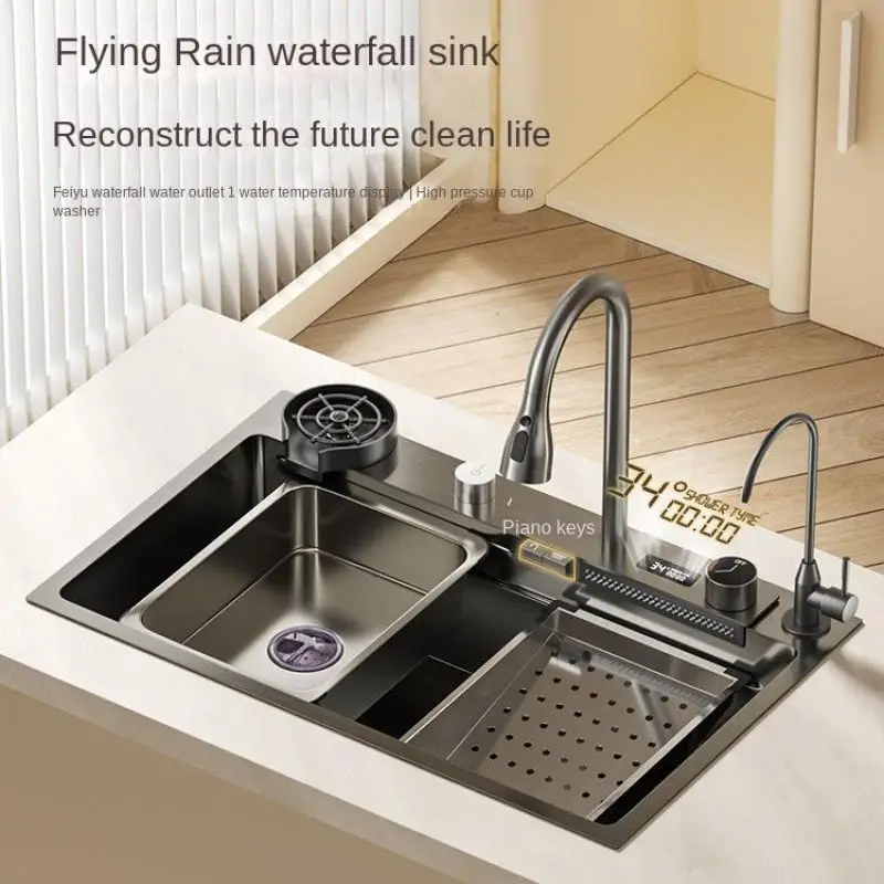 Digital Display Waterfall Kitchen Sink Nano Stainless Steel Vegetable Washing Basin Household Multifunctional Large Single Slot