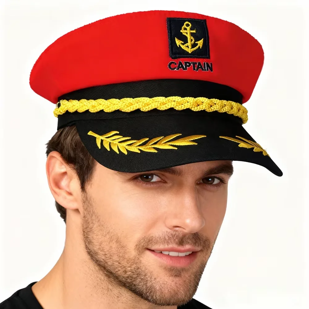 PESENAR Captain Style Red and Black Naval Hat with Anchor Emblem for Cosplay and Costume Accessory