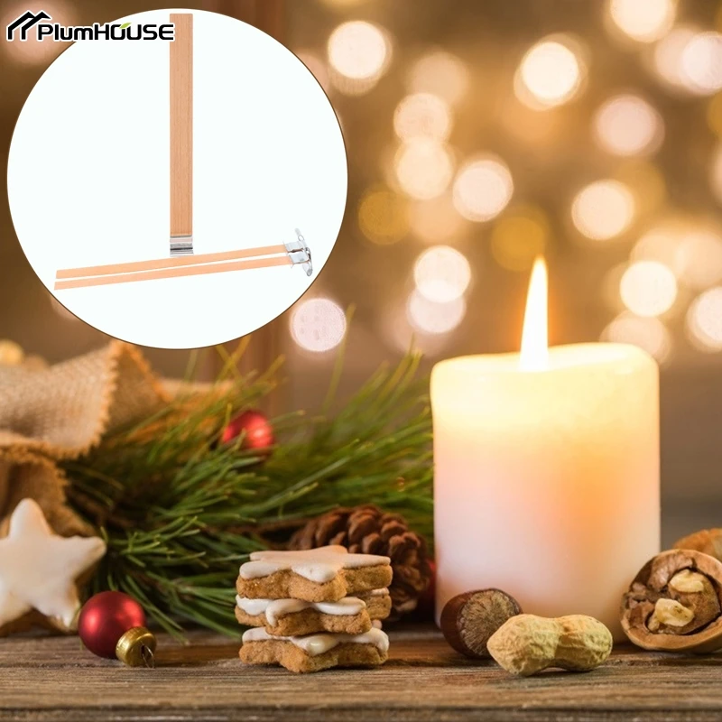 10Pcs/lot Wood Candle Wicks Candle Core Natural Wood Wick With Iron Stand Natural Jar Aromatic Making Supplies