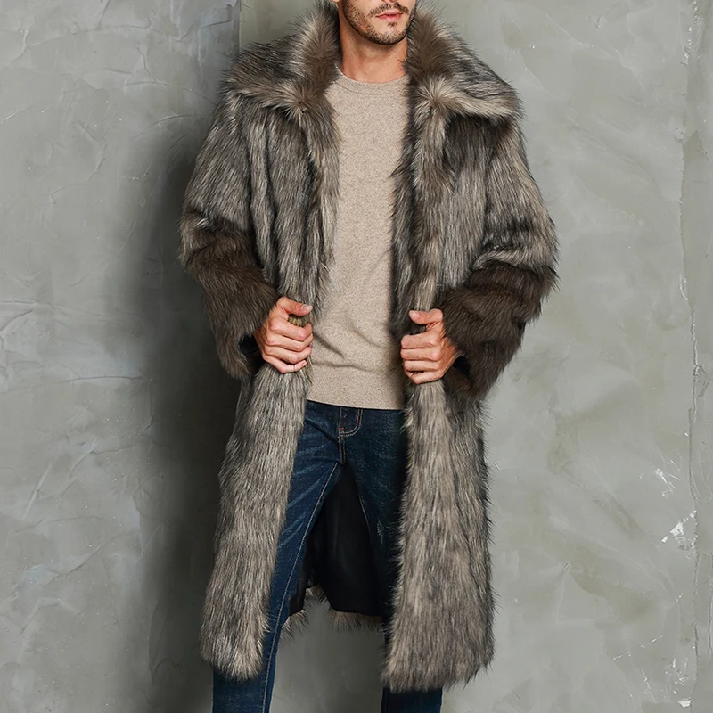 Men s Luxury Faux Fur Coat Jacket Turn Down Collar Long Sleeve Winter Warm Long Coats Overcoat Outwear