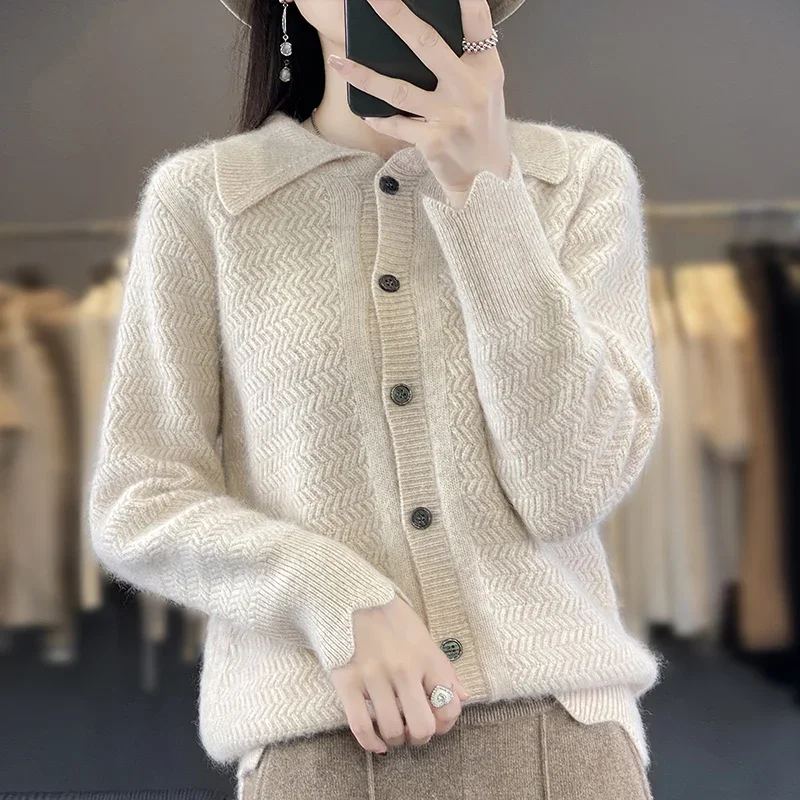 Autumn Winter New Mink Fleece Sweater Women's POLO Neck Long Sleeve Loose Solid Jacquard Warm Temperament Mink Fleece Cardigan