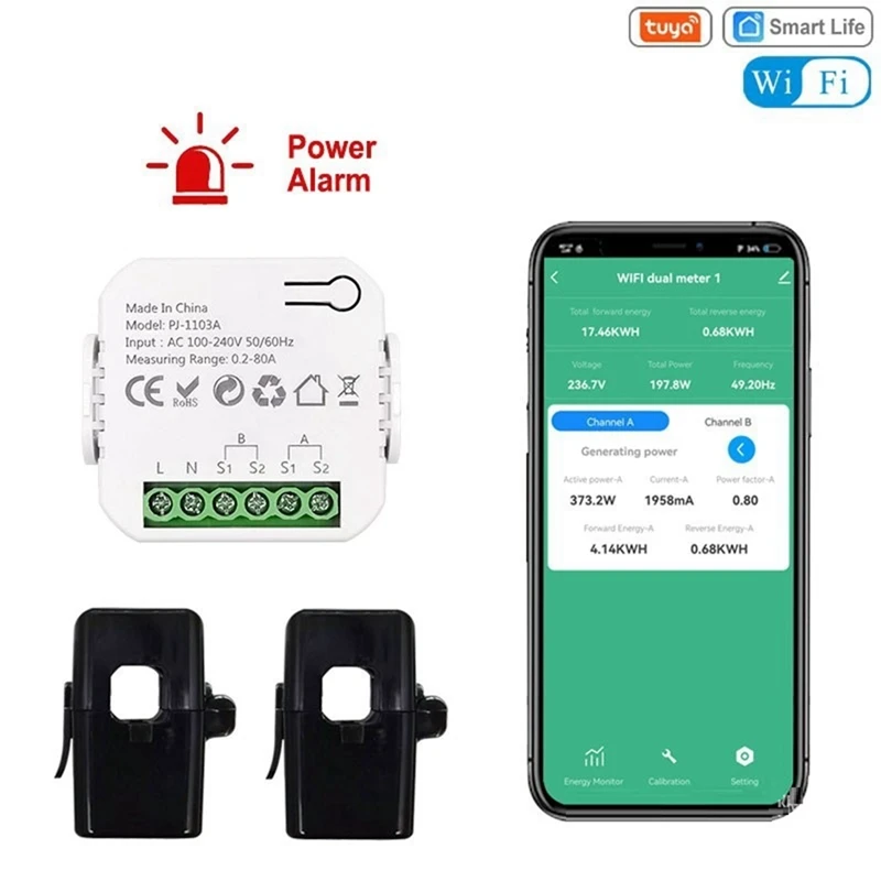 Tuya Smart WiFi Energy Meter Bidirection with Current Transformer App Monitor Power 80A Support Alarm 2 Channels - 2CT-A28R