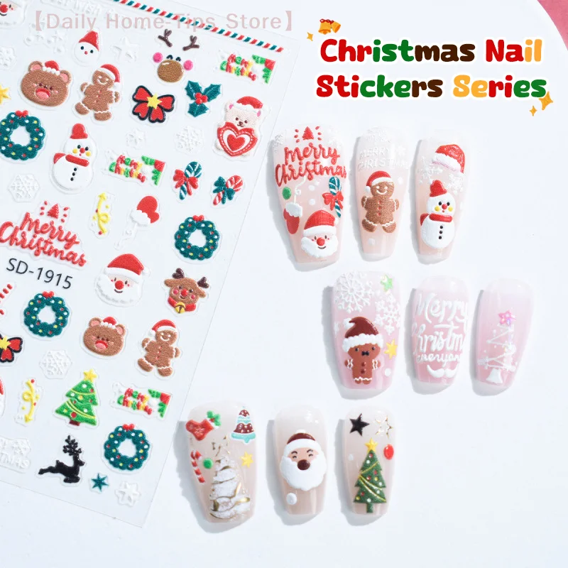 Christmas Lovely Cartoon Bowknot Santa Claus Snowman Christmas Tree Elk Snowflake Nail Art Stickers Xmas Cute Manicure Decals