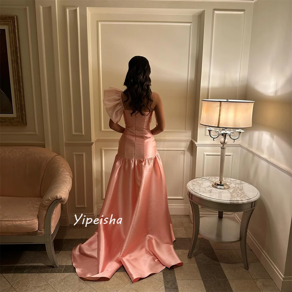 Casual Modern Style One-Shoulder A-line Draped Floor-Length Satin Bespoke Occasion Dresses Evening 