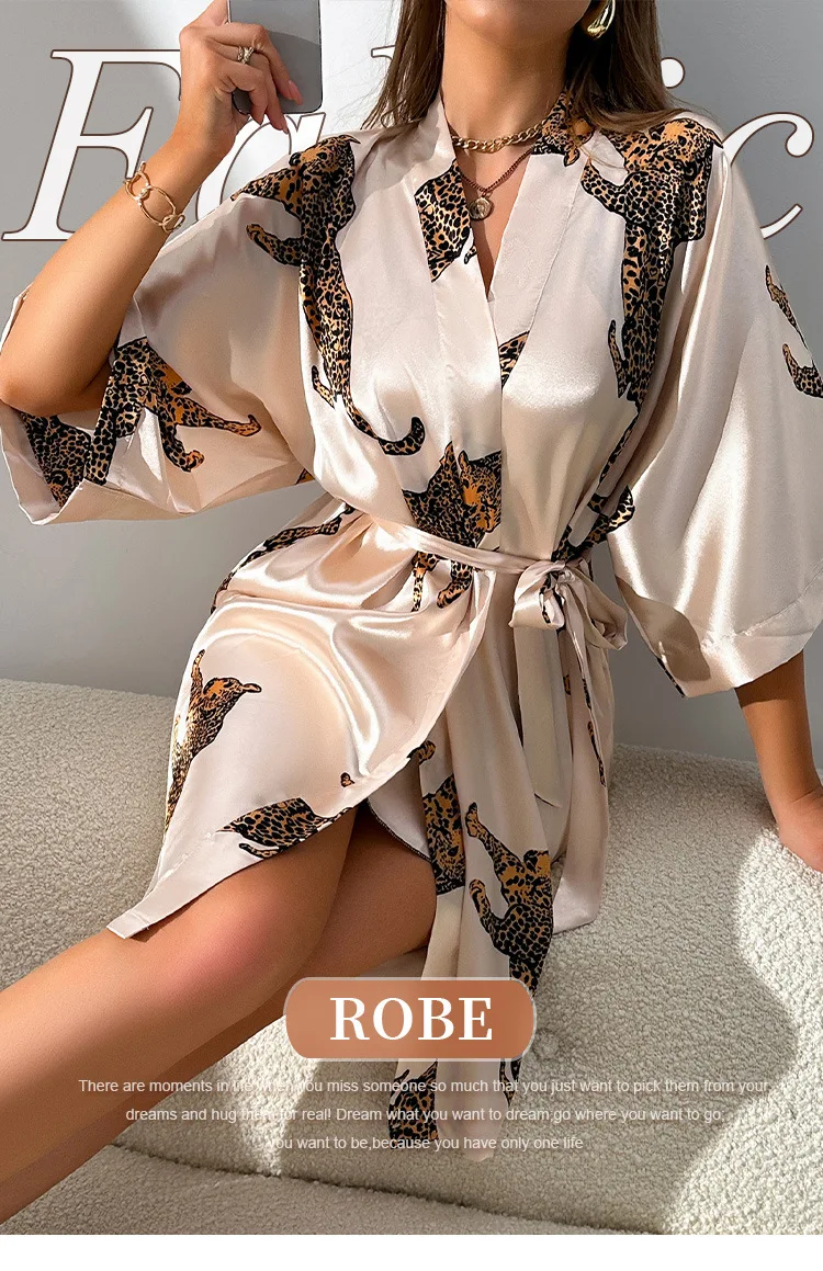 Women Imitation Silk Pajamas Robes Sleepwear Nightgowns Half Sleeve Nightdress Cartoon Print Luxury Bathrobe Smooth Soft Kimono