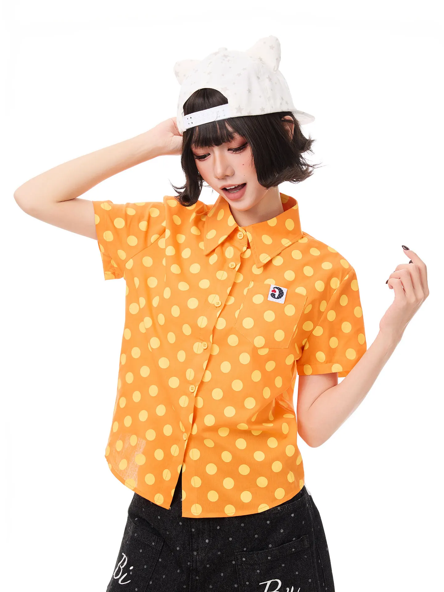 K787 Youthful Polka Dot Short Sleeve Shirt Women's Light Y2K Orange Color Short Model Loose Fit Casual Style Autumn Cotton