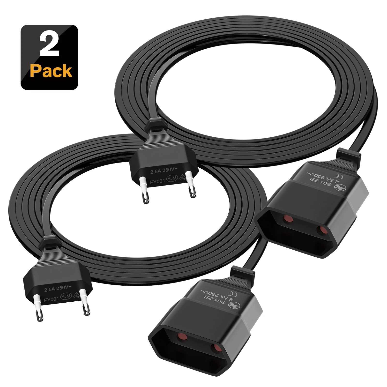 2m Euro Flat Extension Cord 2 prong EU plug Power Cable, Type C Euro Socket for TV, PC, Computer, Monitor 2.5A/250V Connector