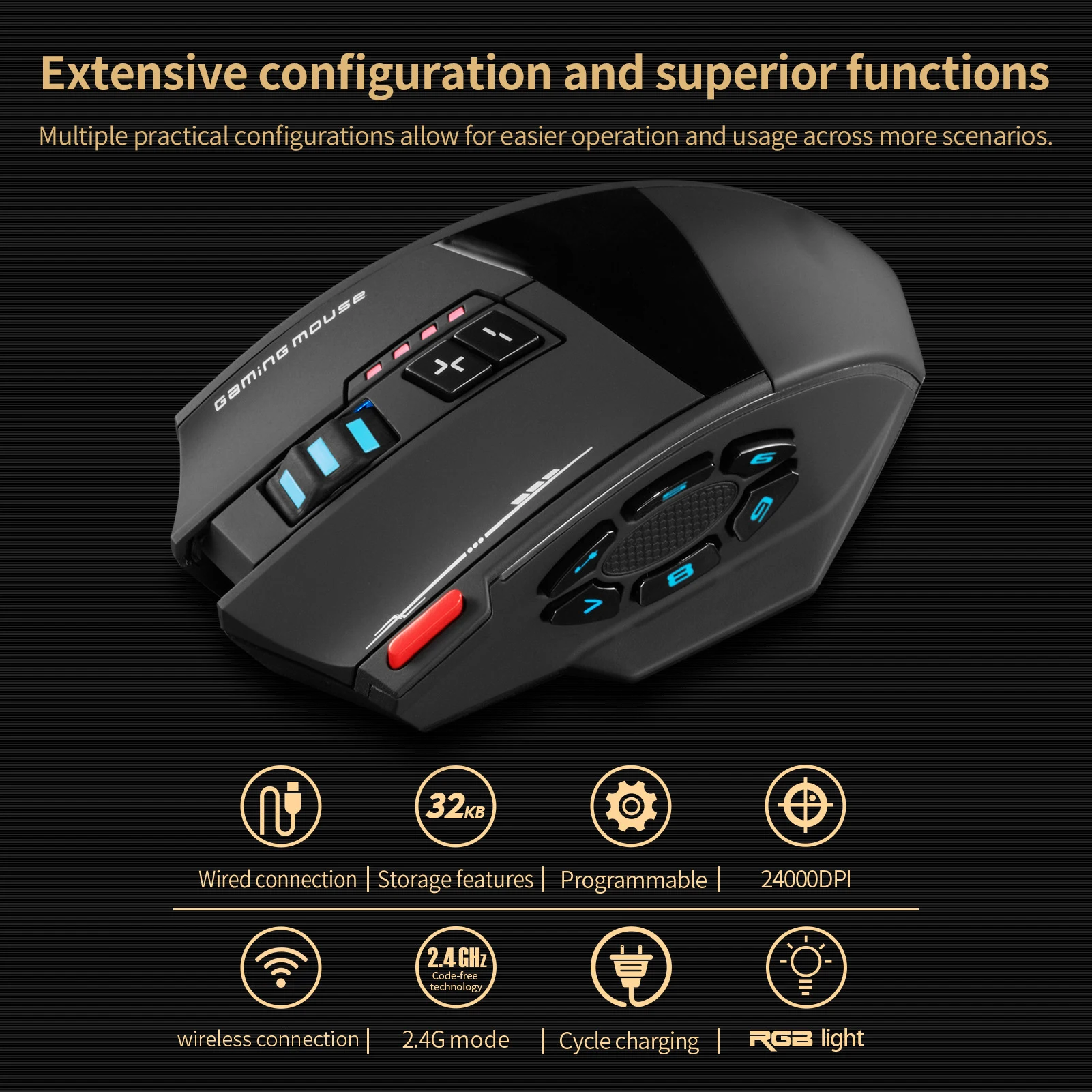 Wireless Gaming Mouse Rechargeable Triple Mode Ergonomic 13 Key Programmable 24000 DPI for Work Laptop PC Gaming