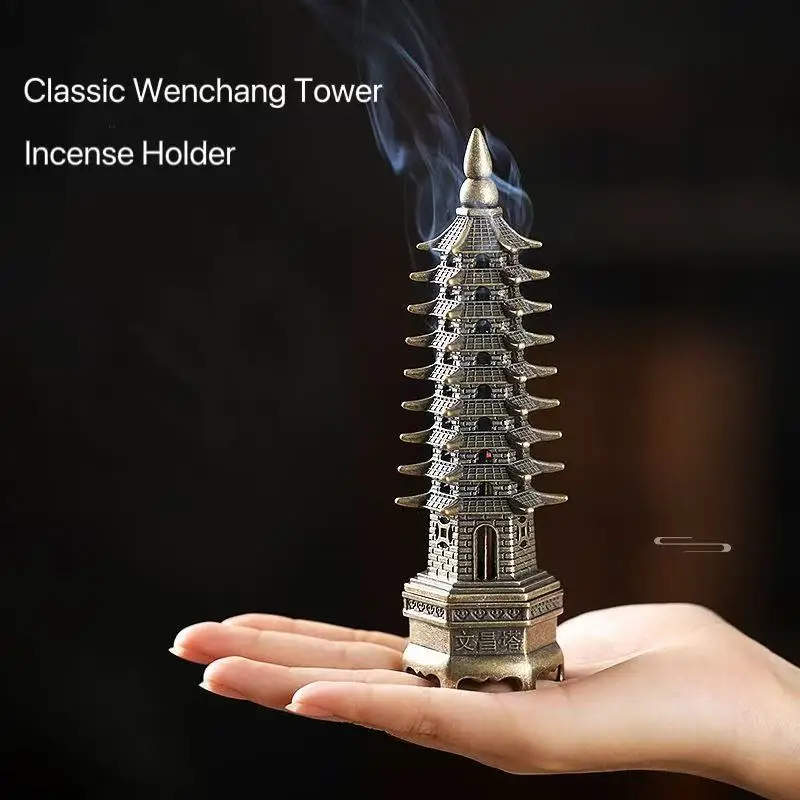 

Vintage Wenchang Tower Incense Holder Traditional Chinese Incense Insert Stove Ancient Zen Sandal Wood Fragrance Tools Desktop