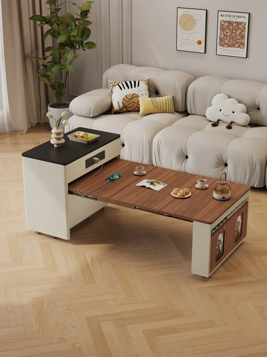 Small Apartment Modern Simple Multifunctional Dining Table Dual-use Movable Extendable Folding Solid Wood Table Coffee Table