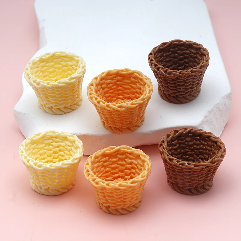 10/100pcs Simulation Resin Decor Woven Bamboo Basket Dollhouse Scene Display DIY Refrigerator Hairpin Accessory Decoration