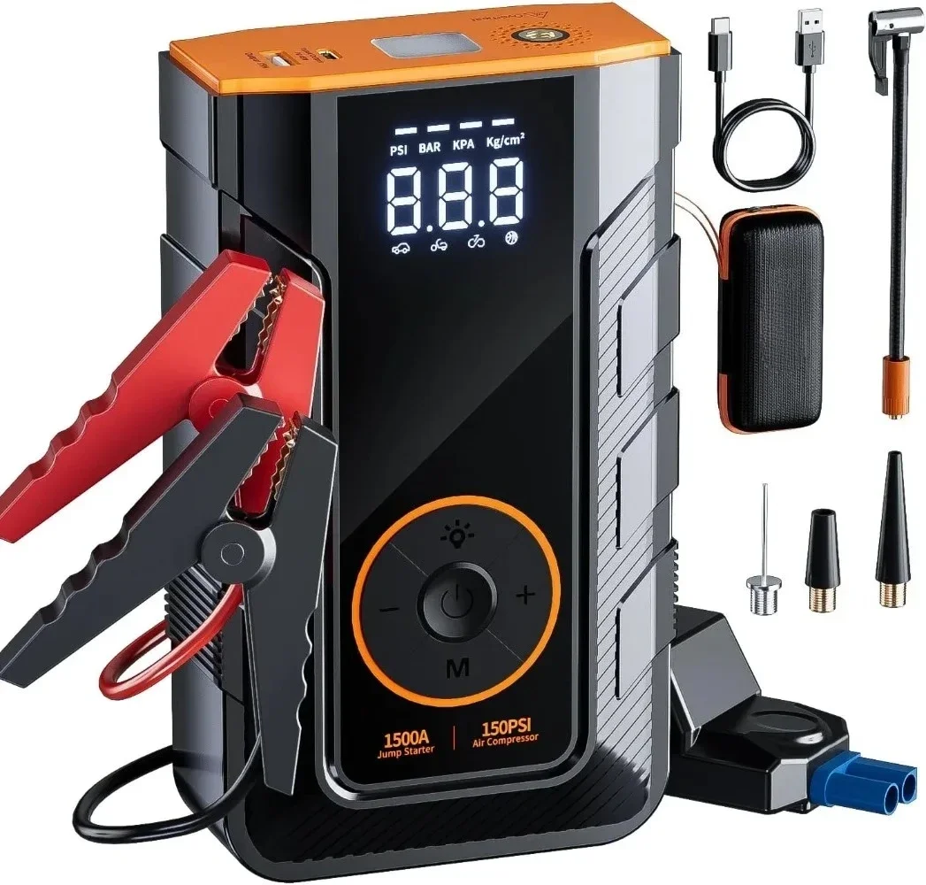 4-in-1 Car Emergency Starter with Air Compressor, 150PSI Tire Inflator, Car Battery Booster, Portable Power Supply with LED Light