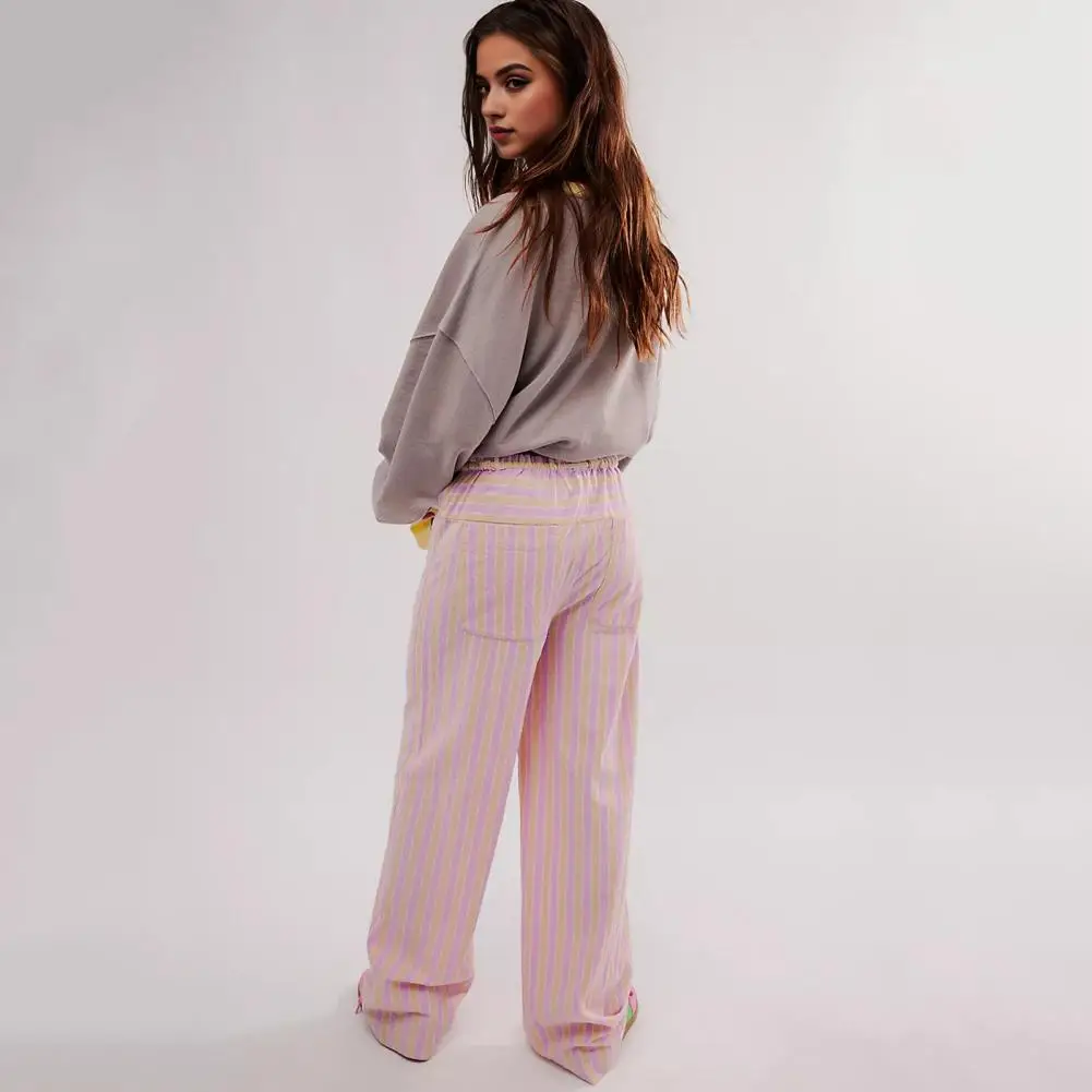 Women Wide-leg Pants Striped Print Bottoms Vertical Striped Wide Leg Pants with Drawstring Pockets for Women Streetwear for A