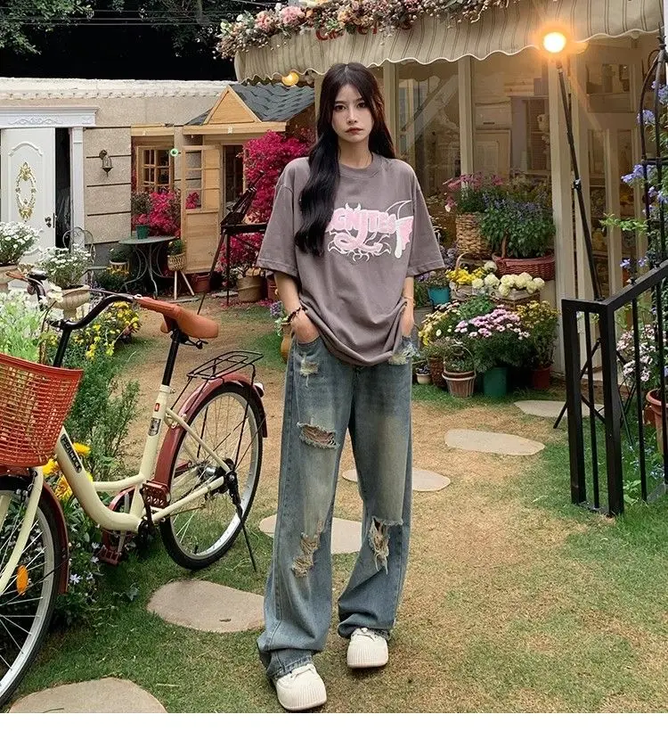 المتعثرة عالية الخصر فضفاضة المرأة الجينز ممزق السراويل استرخاء صالح بناطيل كاجوال فضفاض واسعة الشارع الشهير موضة السراويل النسائية #5