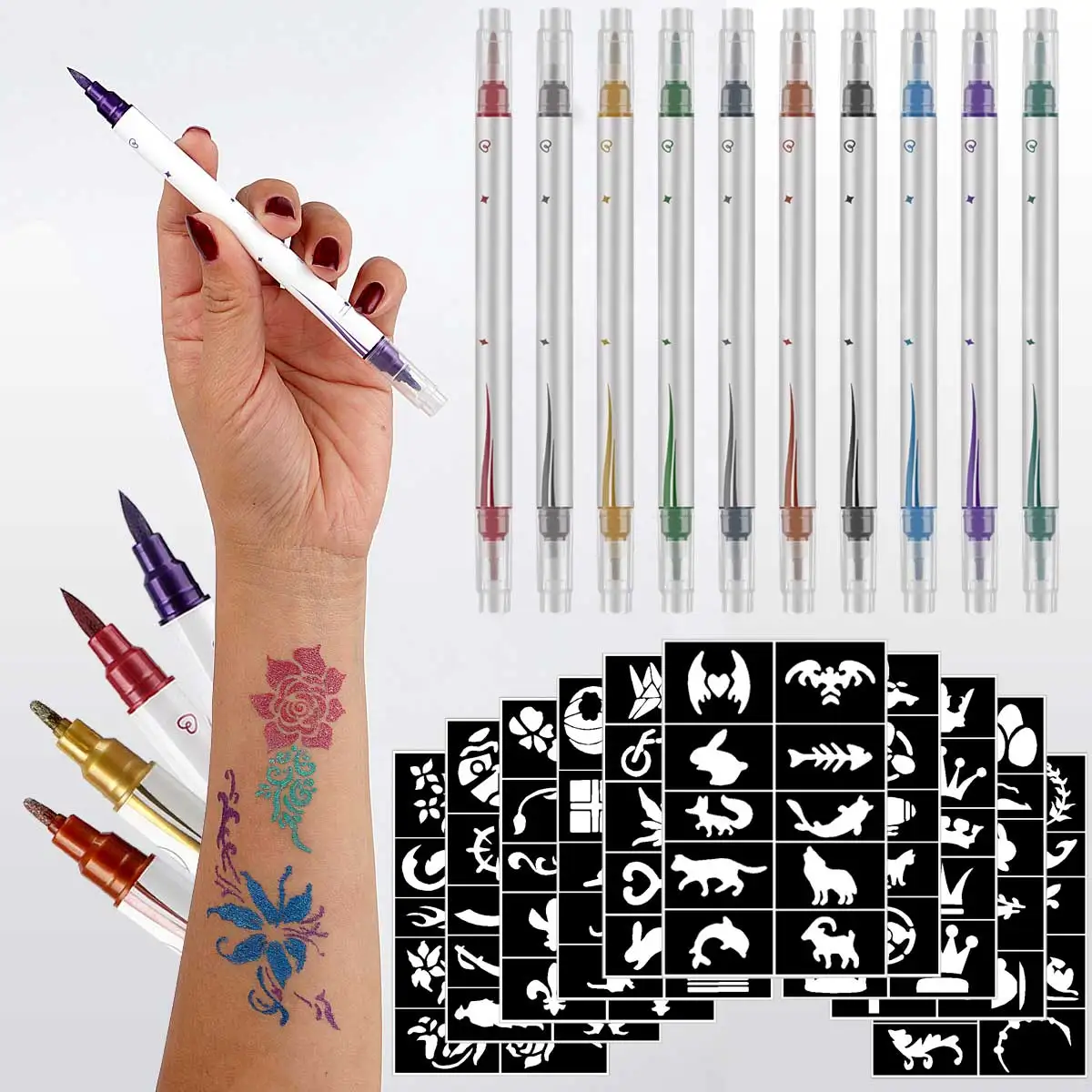 Conjunto de canetas de pintura de tatuagem temporária de ponta dupla, um conjunto de 10 canetas de pintura corporal coloridas + 10 kits de ferramentas de modelo de tatuagem de design exclusivo, pontas de caneta flexíveis, cores brilhantes, marcadores de pele de pintura corporal de 10 cores, viagens, carnaval, festas de aniversário, etc.