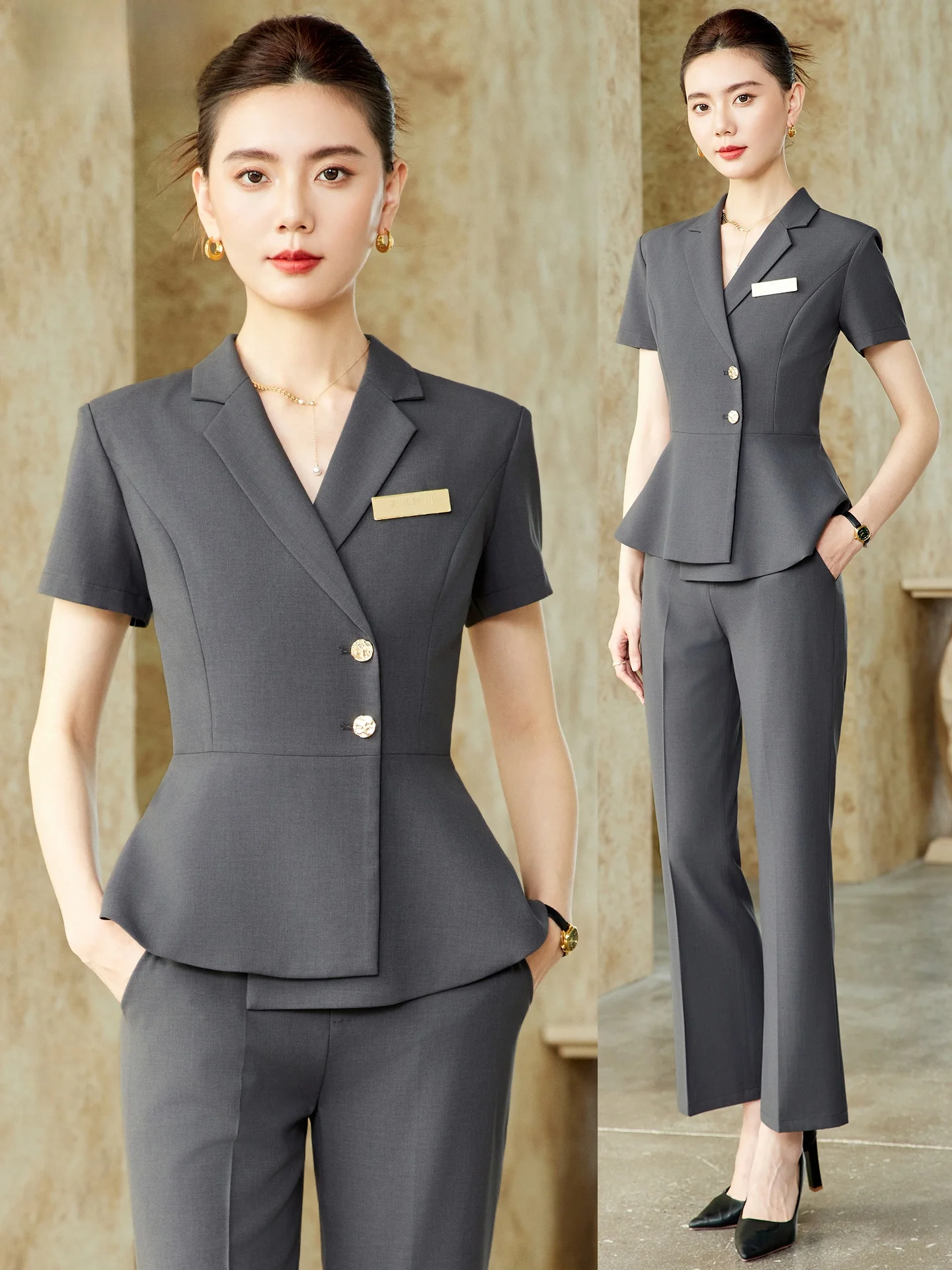 Gray Short Sleeve Suit Set for Women Thin Summer Professional Clothing Jewelry Store Hotel Manager High End Work Uniform
