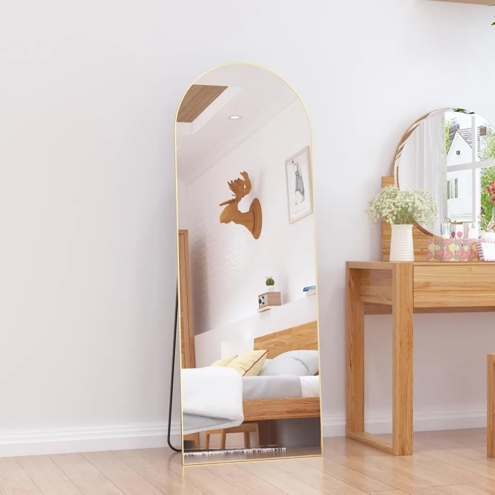 Miroir de sol pleine longueur avec support, miroir sur pied en arc, miroir complet arqué, miroir sur pied doré, Leauxhall, 65 po x 22 po