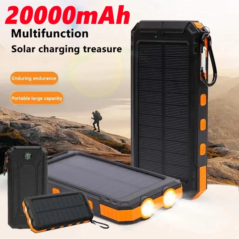 20000mAh Solar Power Bank Outdoor Wild Fishing Camping Large Capacity Backup Power Portable With Compass Supply Rapid Charging