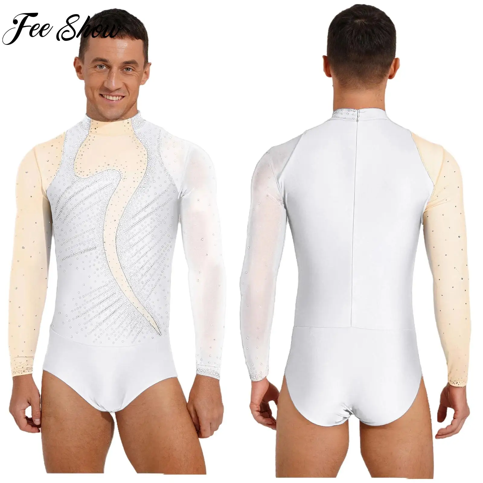 Traje de baño de leotardo de Ballet para hombre, traje de baño con diamantes de imitación de Color contrastante, gimnasia, patinaje artístico, salón de baile, Chacha, Ropa de baile de Jazz latino