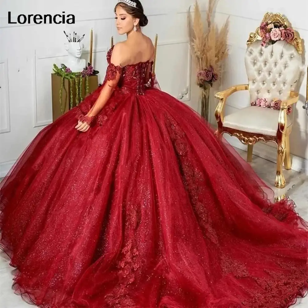 Lorencia-vestido De quinceañera Burdeos brillante, Vestidos De fiesta, mangas hinchadas, Apliques De encaje con cuentas, dulce 16, 15 Años, YQD587