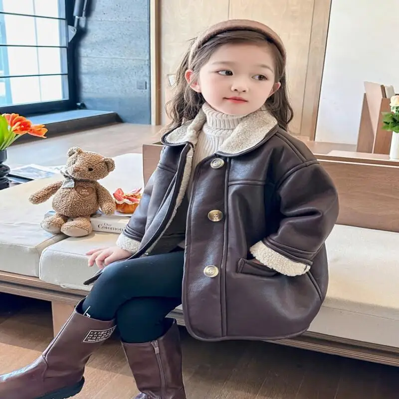 

Kawaii Casual Coat Tops Fashion Children S Clothing Jacket Girls Faux Fur Leather Coat Winter 2025 New Kids Fashion Outerwear