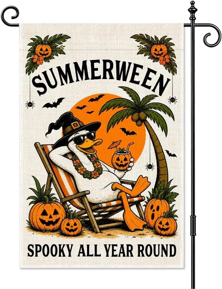 Summerween Spooky All Year Round Garden Flag 12x18 Inch Double Sided, Halloween Summer Outdoor Yard Flag, Cute Goose Beach V kkz