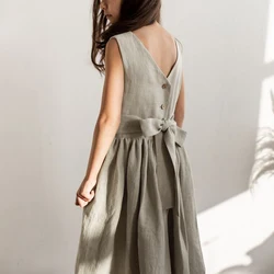 Chic Back Bandage Bow Linen Dress Girls Summer New Casual Loose Cotton Linen Sleeveless Sundresses Children's Clothing