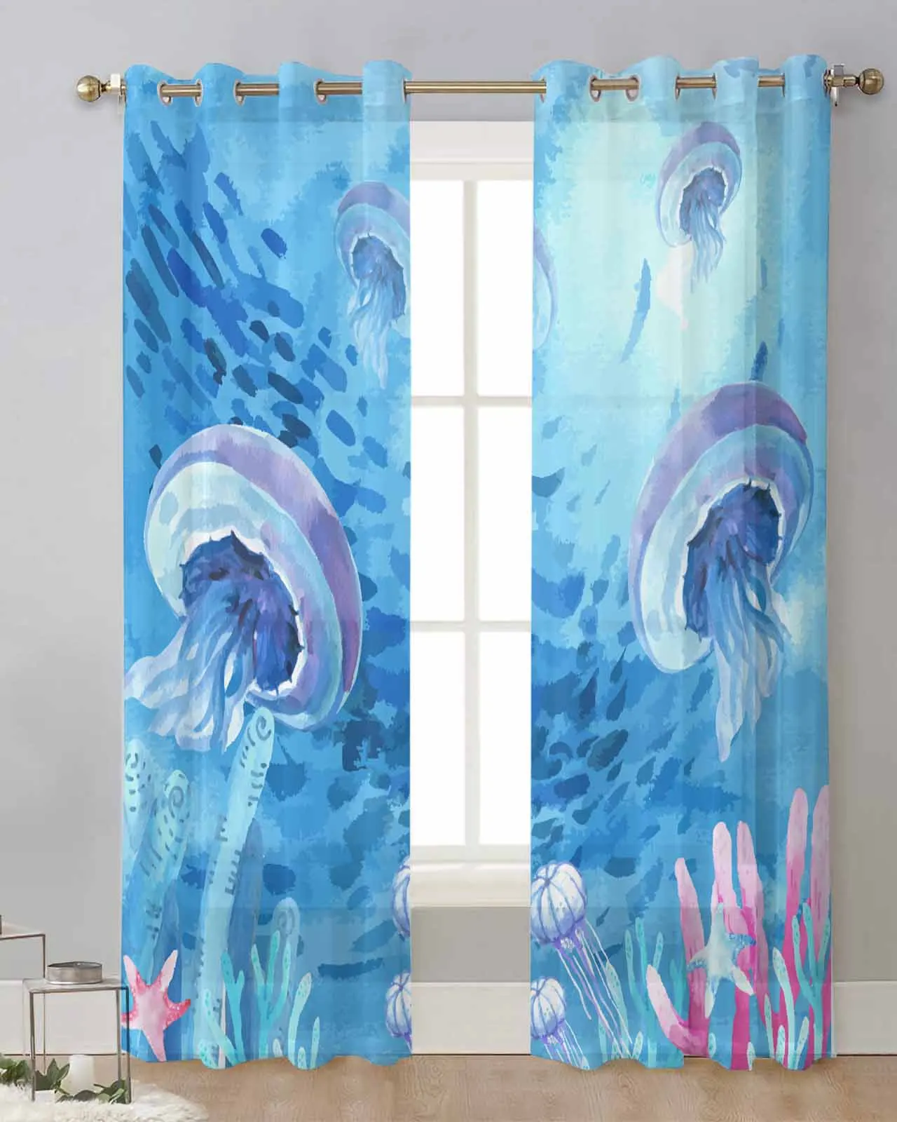 

Ocean Coral Starfish Jellyfish Shoal Summer Sheer Curtains Living Room Window Transparent Voile Tulle Curtain Drapes Home Decor