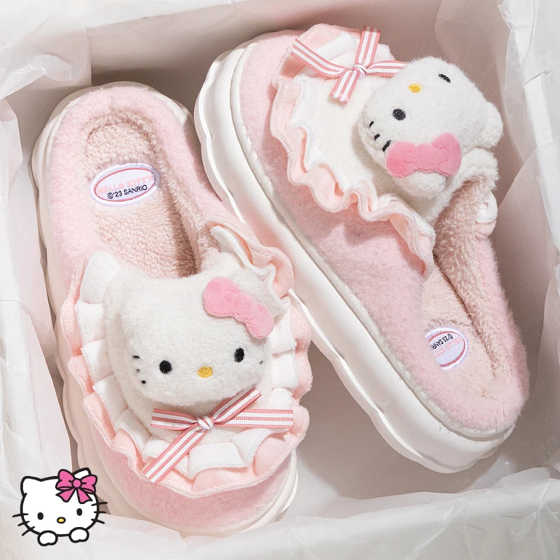 Sanrio Slippers Cartoon Hello Kitty Kuromi Cinnamoroll Winter Warm Cotton Soft Thick soled Home Shoes Good Gifts