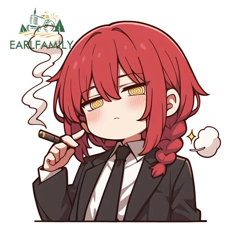 EARLFAMILY Makima Chibi Car Stickers Smoking Action Anime Creative PVC Decal Scratch Proof Rearview Mirror Scooter Truck