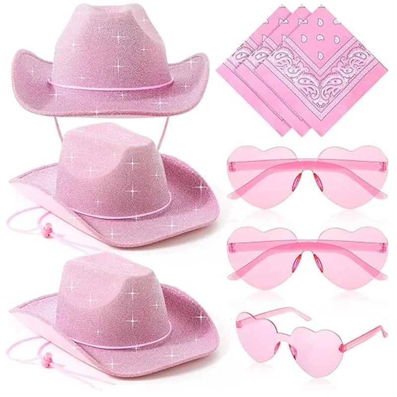 Sparkling Pink Cowboy Hat Pink Heart-Shaped Glasses Silk Scarf Denim Suit Halloween Costume Happy Cow Girls Birthday Party Decor