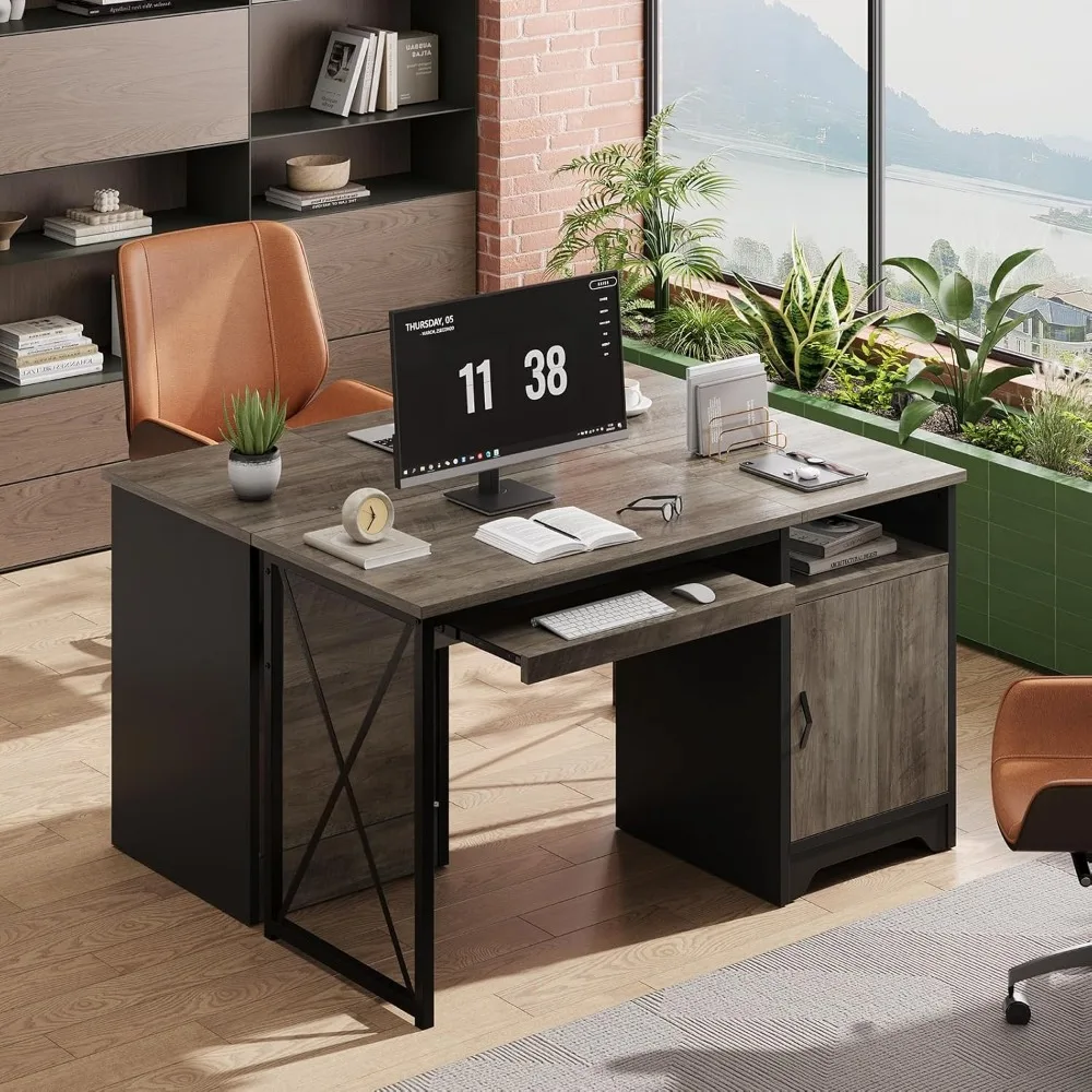 Premium  Office Desk with Keyboard Tray, Industrial Computer Desk with Storage, Reversible Executive Desk with File Cabinet for