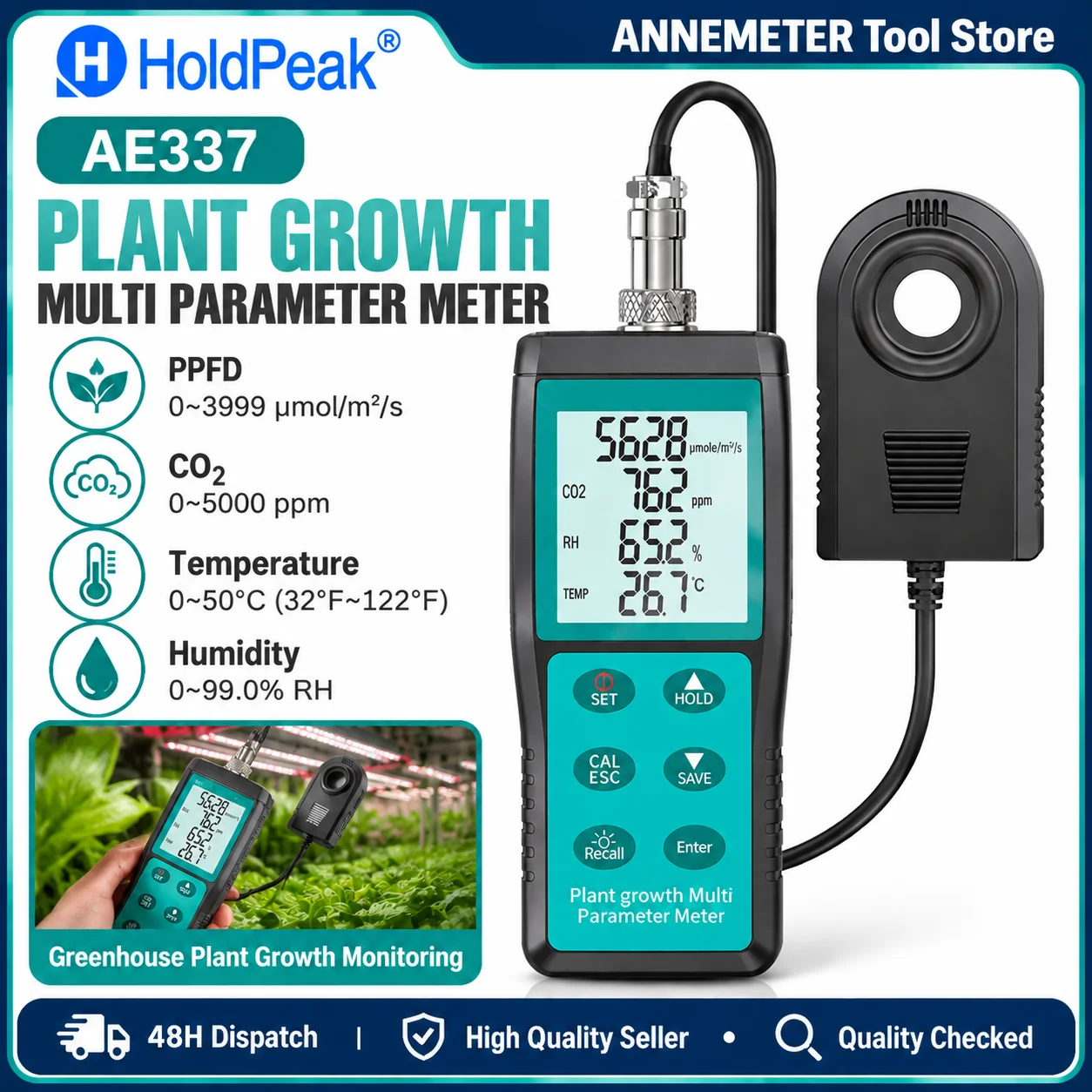 Digital Illuminance Meter PAR PPFD Quantum Meter for Plant Growth, CO2 Temp Humidity Detector, 400-700nm Backlit LCD