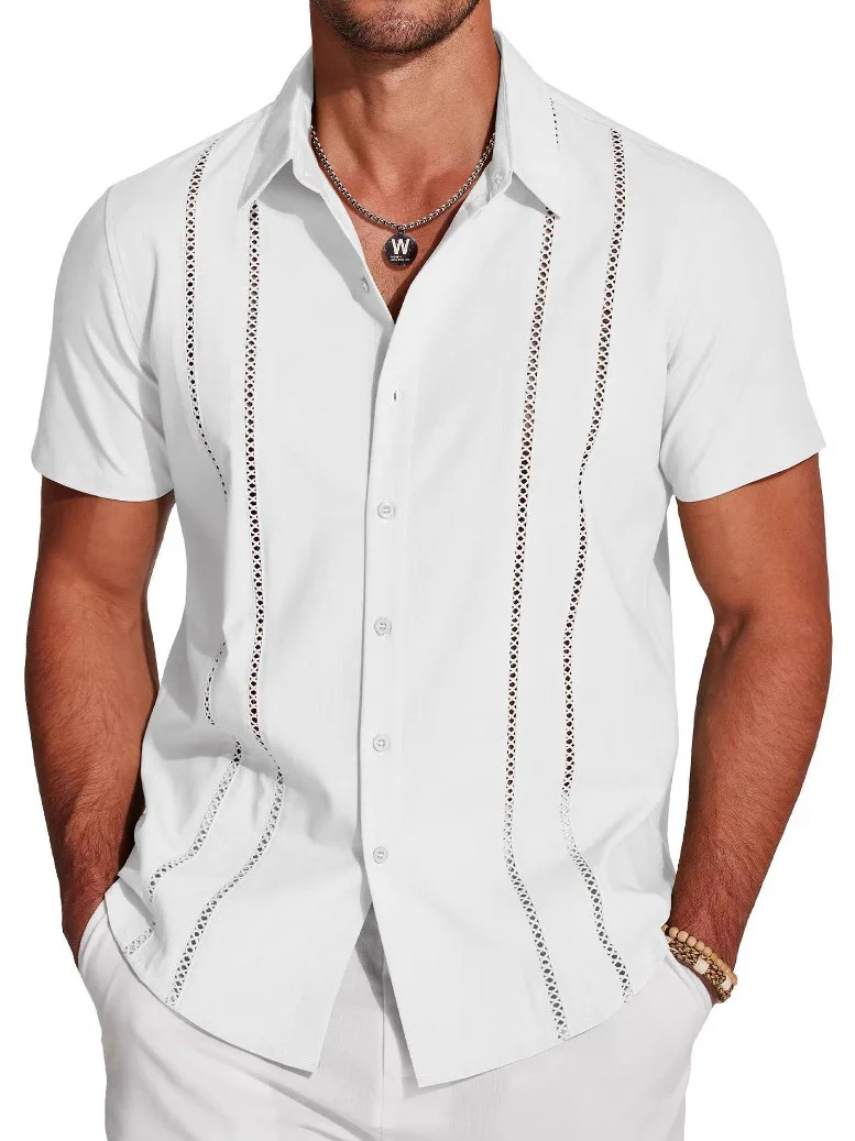 

Men's Color Hollow out Short Sleeve Shirt Slim Fit Casual Style No Pocket Design Polyester Fabric Everyday Wear