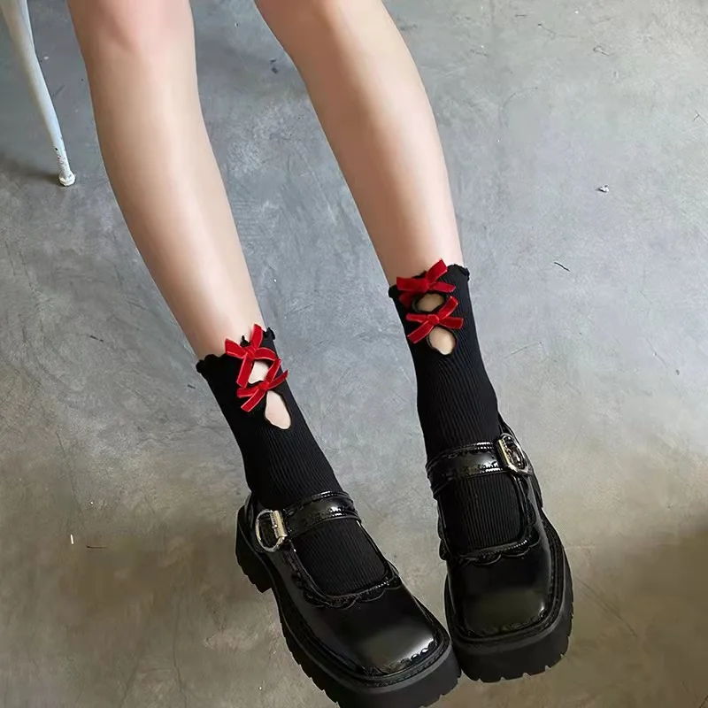 2 Pairs of New Japanese Girls Cute Jk Solid Color Mid-tube Socks Hollowed Out Wooden Ears with Double Bow Socks Lolita