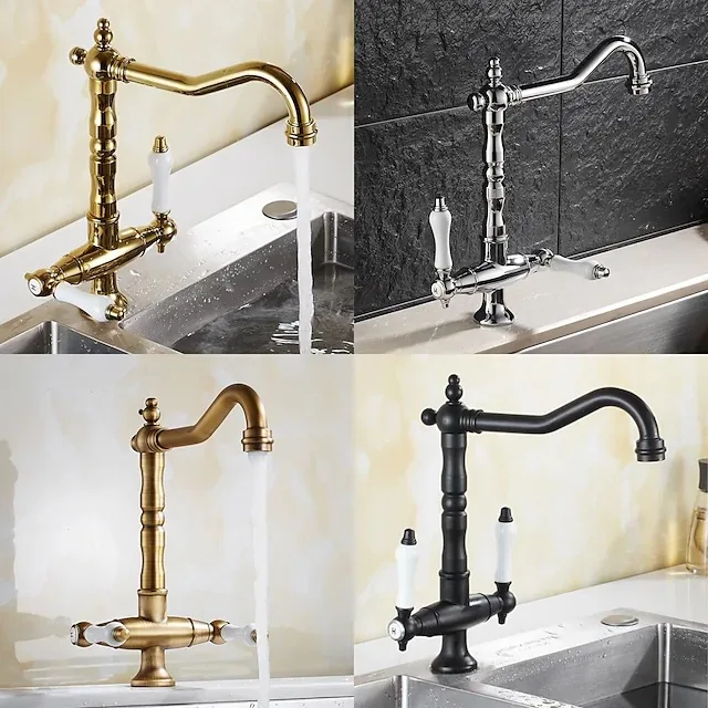 Faucet for Kitchen Dual Handle Antique Brass Retro Faucet 360 Degree Rotation Kitchen Sink Taps Deck Mounted Bathroom Sink Mixer