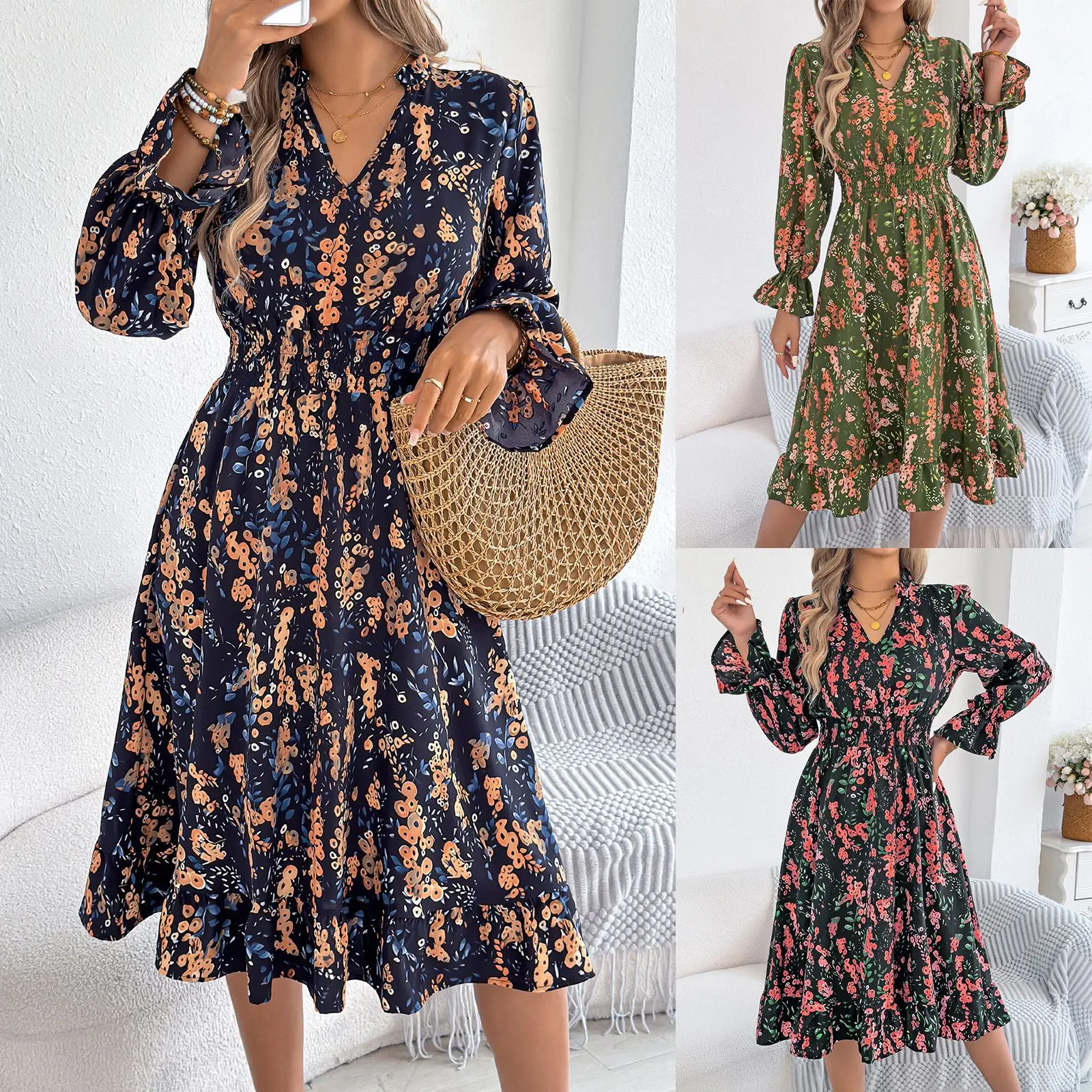 

Vintage Dress Streetwear 2026 Summer Printed Retro Dress with Horn Sleeve A-line Dresses L